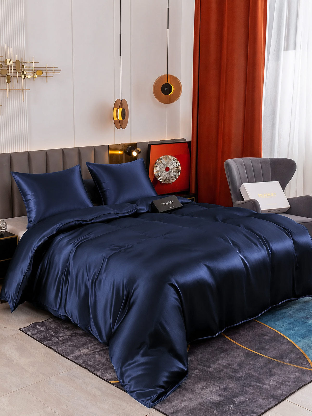 [Bleu Foncé] SilkSilky-FR Parure de Lit Soie 002