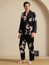 [Noir] SilkSilky-FR Long Sleeve Lapel Collar Homme Pyjamas 006
