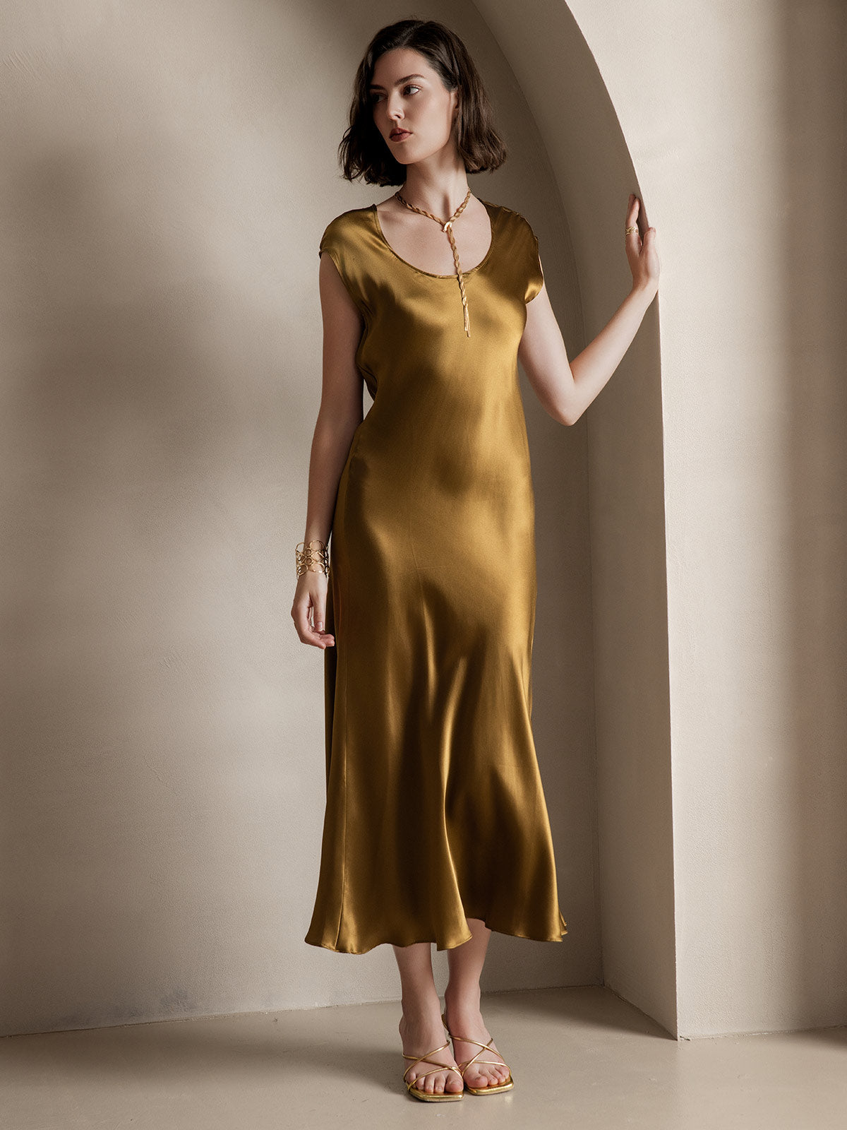 [Brun] SilkSilky-FR 19Momme Soie Col Rond Robes 007