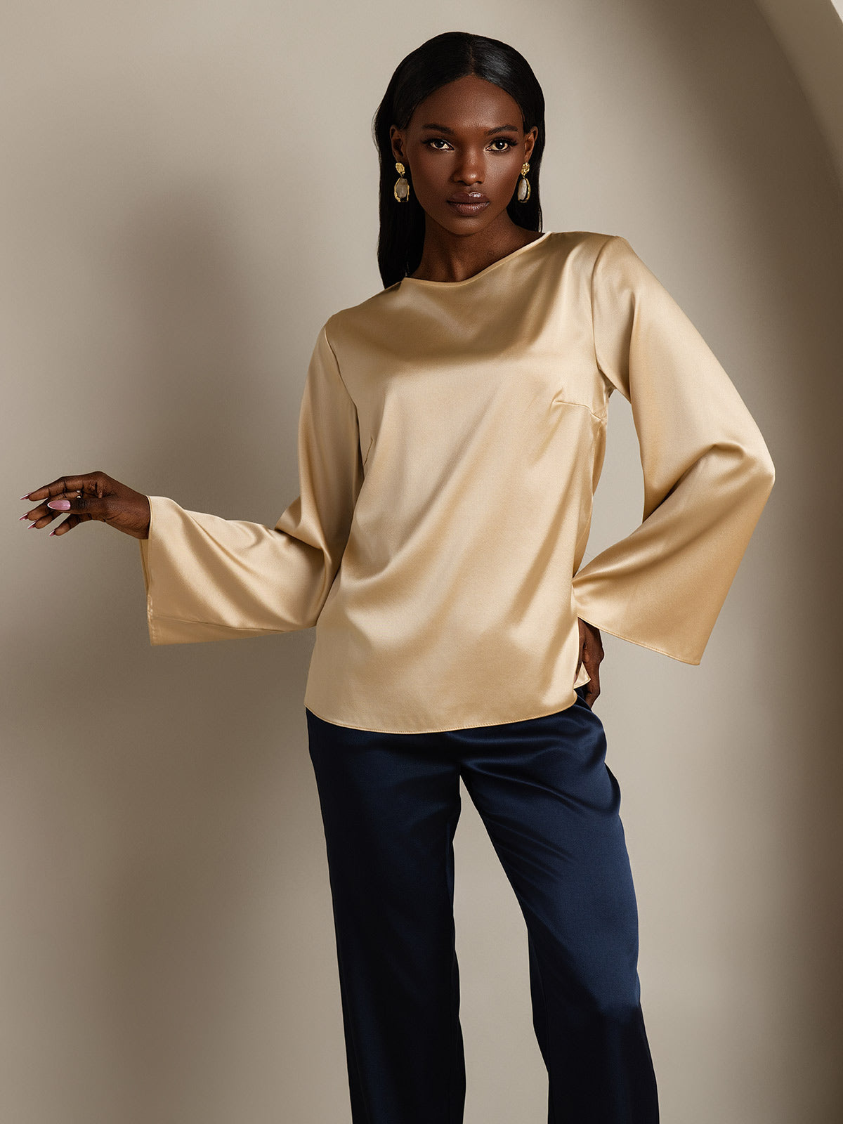 [Champagne] SilkSilky-FR 19Momme Soie Col Rond Femme T-Shirt 001