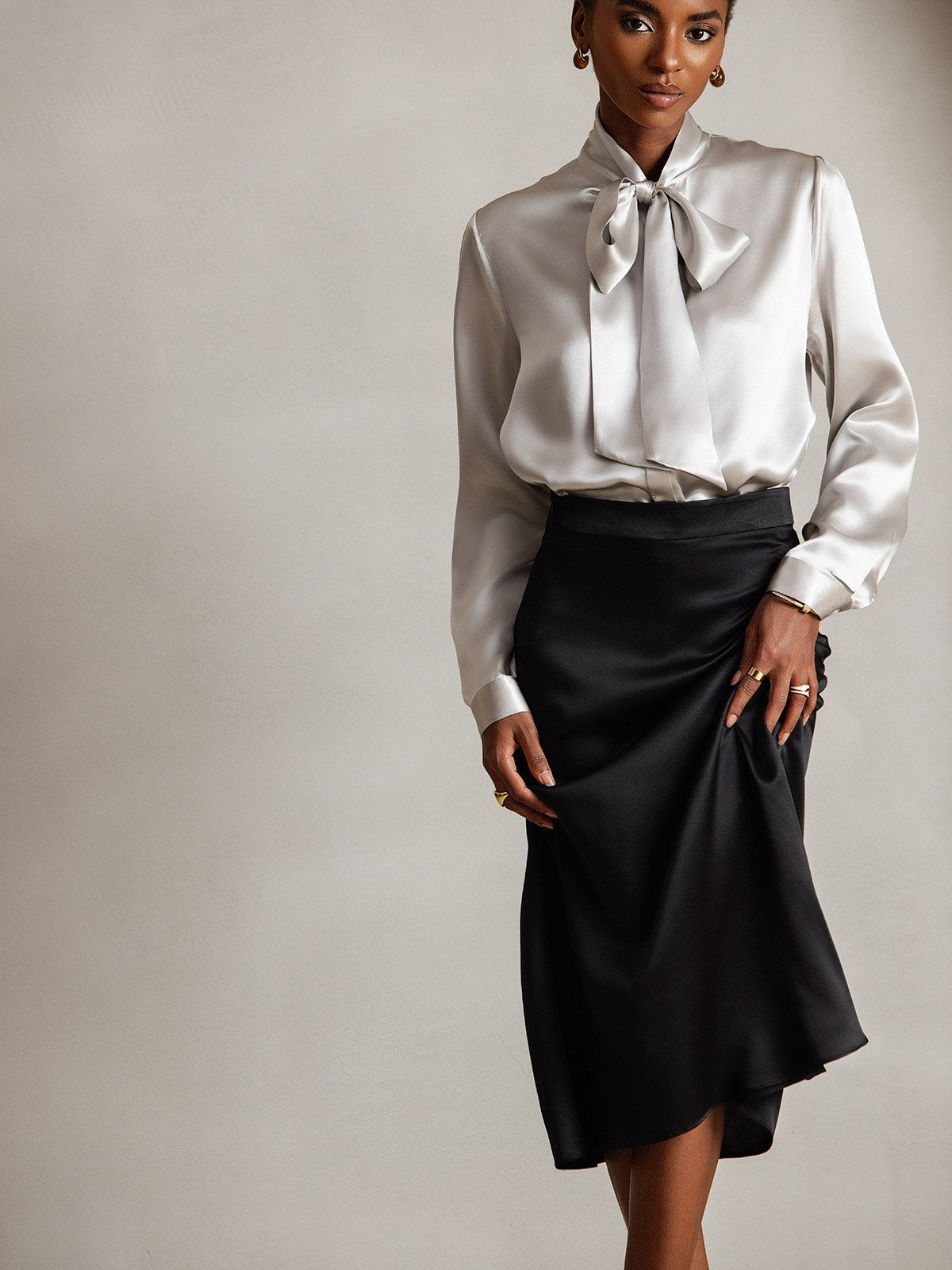 [Gris Clair] SilkSilky-FR 19Momme Manches longues À Nouer Blouse 001