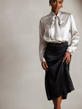 [Gris Clair] SilkSilky-FR Long Sleeve Tie Neck Blouse 001