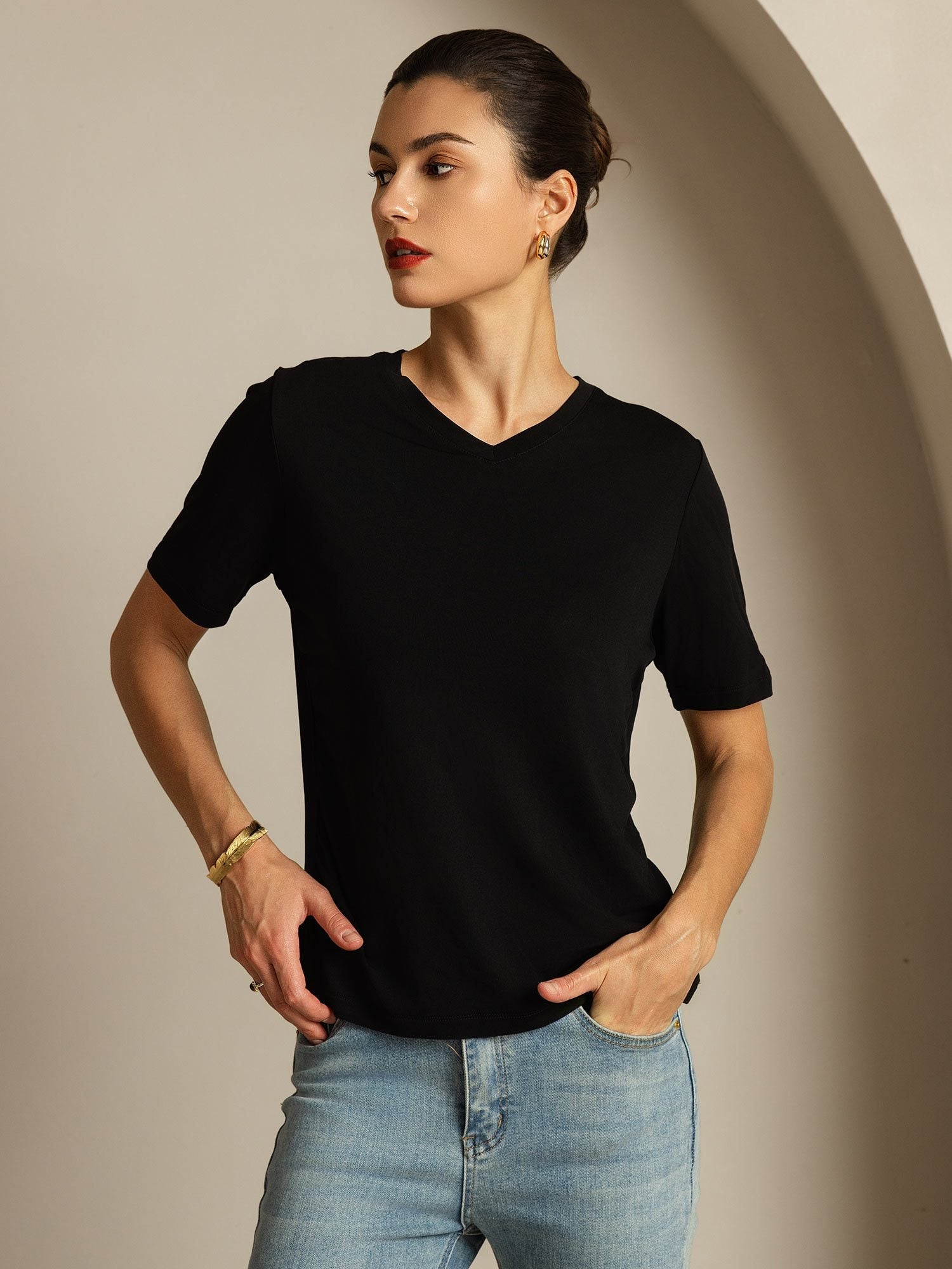 [Noir] SilkSilky-FR Soie Womens T-Shirt 006,