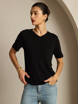 [Noir] SilkSilky-FR Manches courtes Col V Femme T-Shirt 006