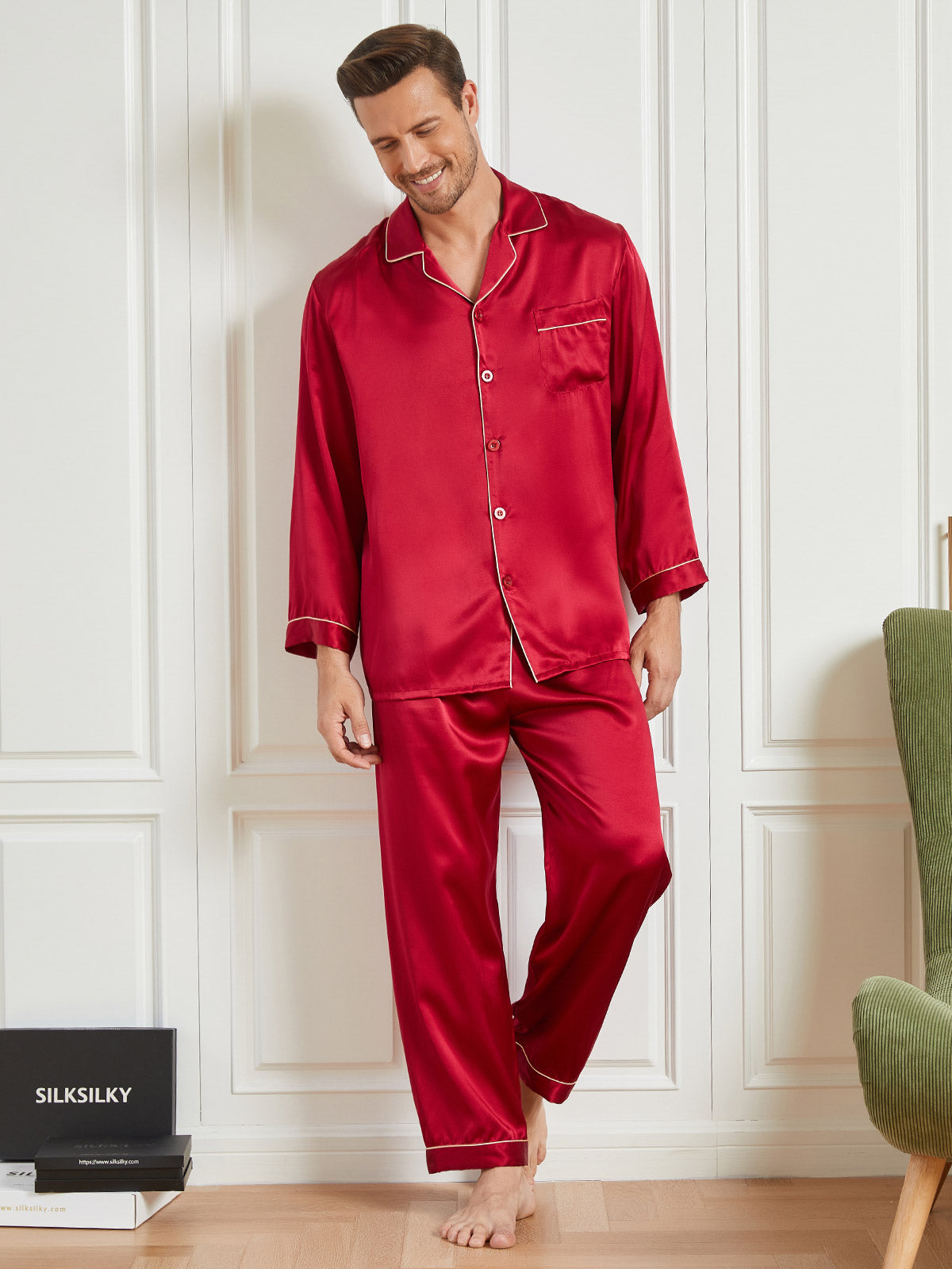 SilkSilky FR 19Momme Pure Soie Manches longues Revers Homme Pyjamas Rouge 001