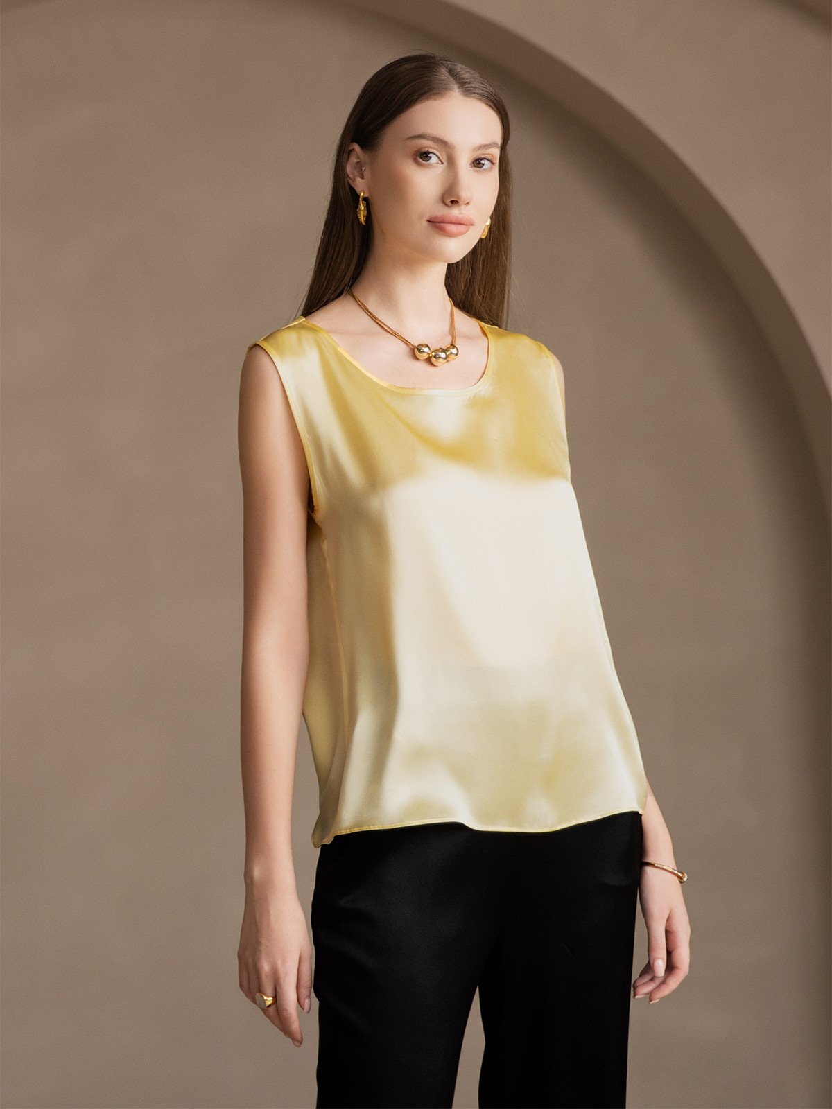 [Jaune Clair] SilkSilky-FR 19Momme Soie Col Rond Top À Fines Brides 005