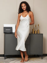 [Blanc] SilkSilky-FR Sleeveless V Neck Chemises de nuit 004