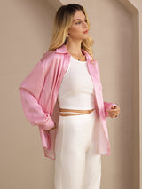 [Rayures Fines Roses] SilkSilky-FR Long Sleeve Lapel Collar Femme Chemise 005