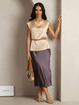 [Champagne] SilkSilky-FR Cap Sleeve Round Neck Femme T-Shirt 004