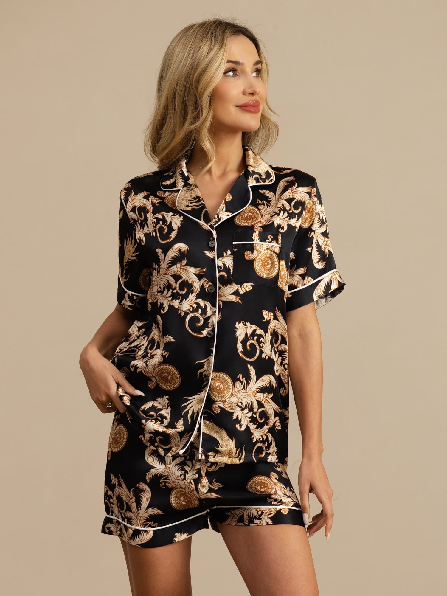 [Dragon Noir] SilkSilky-FR Manches courtes Col Cranté Femme Pyjamas 004