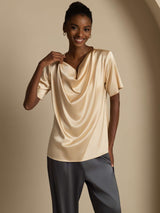 [Champagne] SilkSilky-FR Short Sleeve Cowl Neck Blouse 003