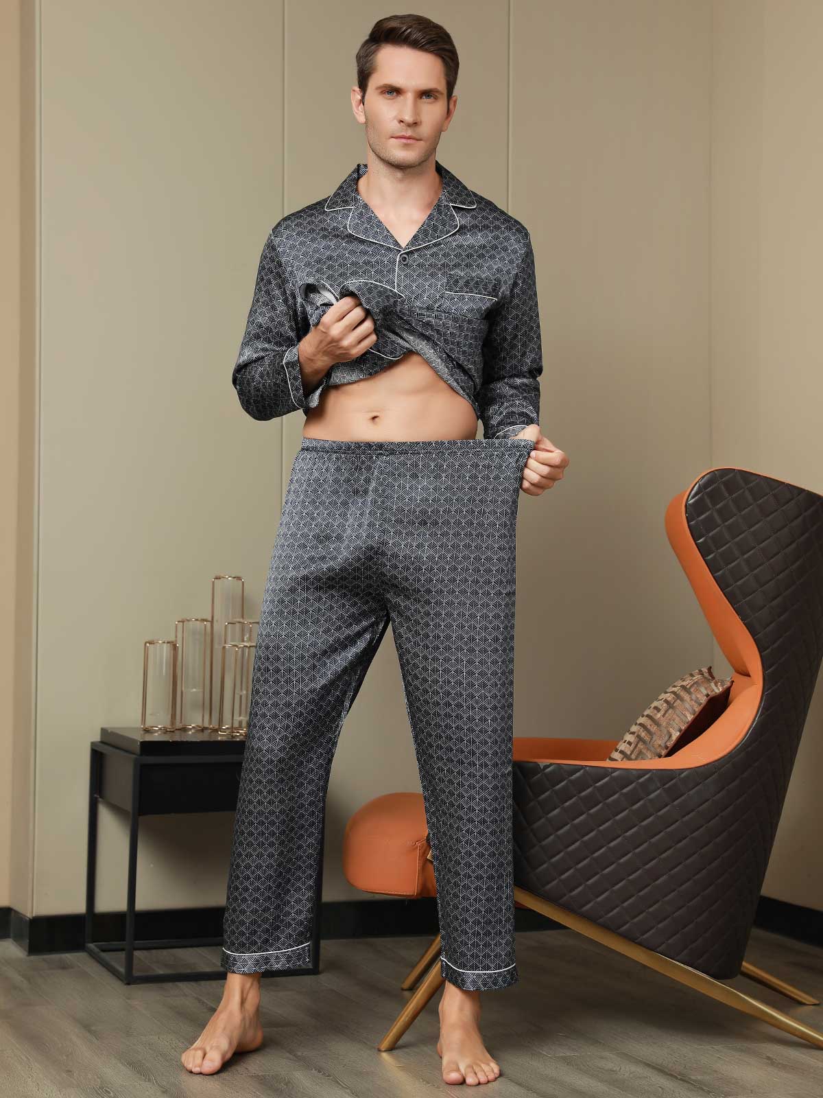 [Ginkgo Marine] SilkSilky-FR 19Momme Manches longues Homme Pyjamas 016