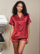 [Rouge Vineux] SilkSilky-FR Short Sleeve Lapel Collar Femme Pyjamas 004