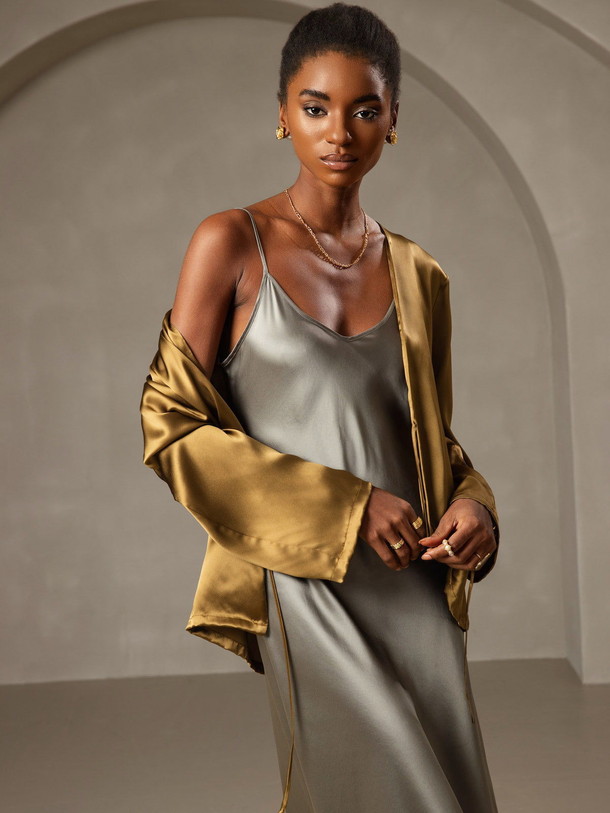 [Vert Grisâtre] SilkSilky-FR Pure Soie Col Rond Robes 003