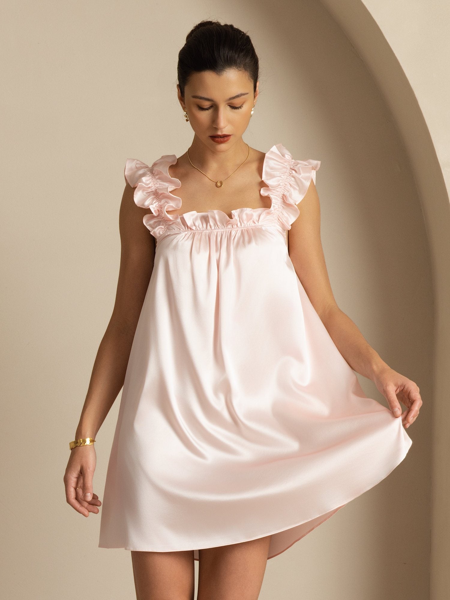 [Rose] SilkSilky-FR 19Momme Soie Sans manches Col Carré Robes 007