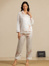 [Blanc] SilkSilky-FR 19Momme Manches longues Col Cranté Femme Pyjamas 001