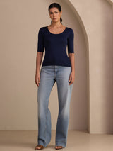 [Bleu Foncé] SilkSilky-FR Half Sleeve Femme T-Shirt 005