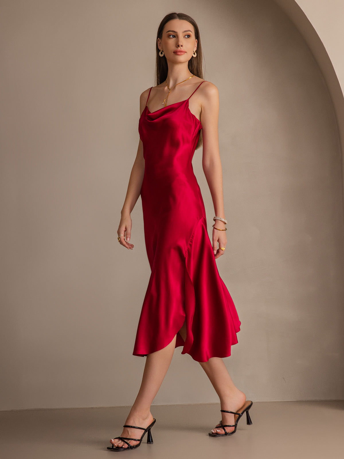 [Rouge Vineux] SilkSilky-FR 19Momme Pure Soie Col Bénitier Robes 006