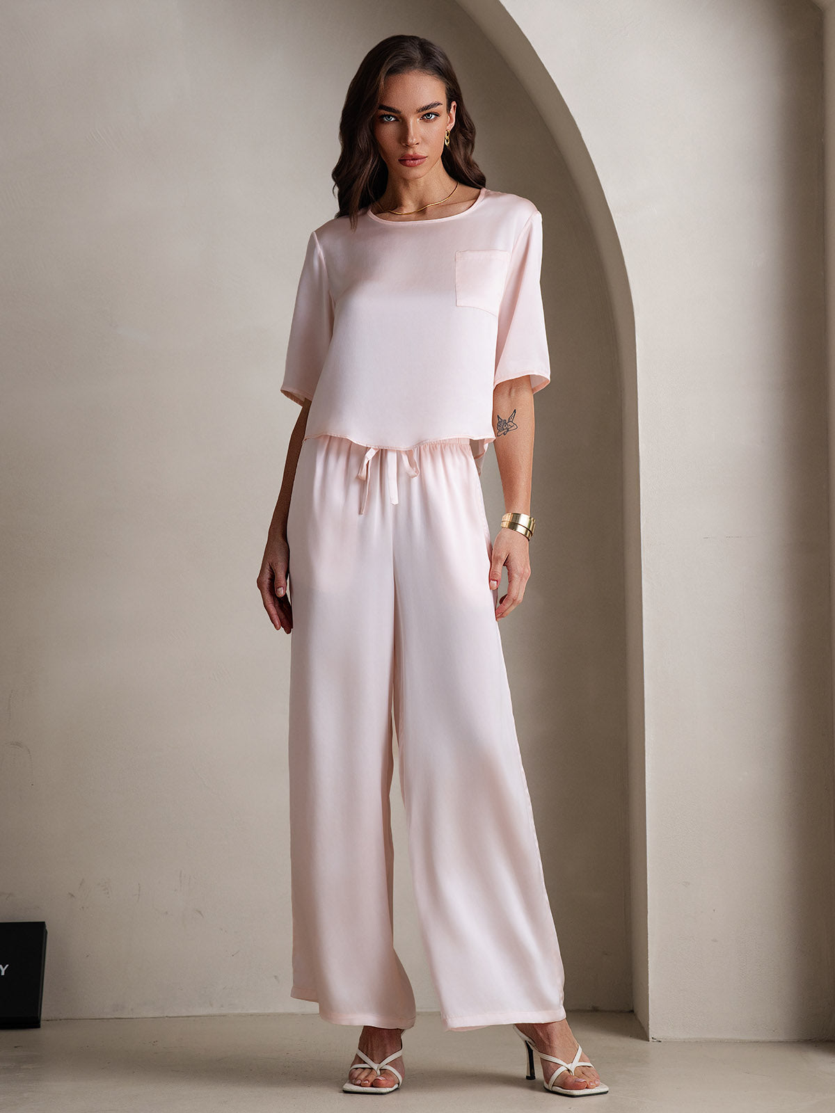 [Rose] SilkSilky-FR Pure Soie Col Rond Femme Pyjamas 001