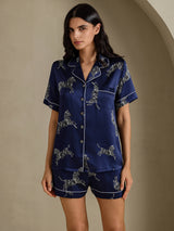 [Zèbre Bleu Marine] SilkSilky-FR Short Sleeve Lapel Collar Femme Pyjamas 001