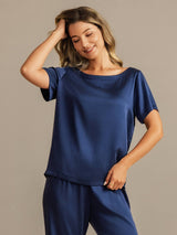 [Bleu Foncé] SilkSilky-FR 19Momme Manches courtes Femme Pyjamas 003