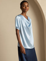 [Bleu Grisâtre] SilkSilky-FR Short Sleeve Cowl Neck Blouse 006