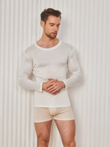 [Blanc] SilkSilky-FR Long Sleeve Round Neck Homme T-Shirt 001