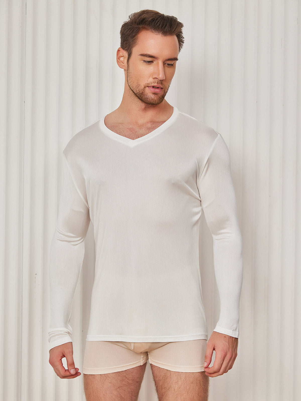 SilkSilky FR Soie Tricotée Manches longues Col en V Homme T Shirt Blanc 003