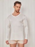 SilkSilky FR Soie Tricotée Manches longues Col en V Homme T Shirt Blanc 003