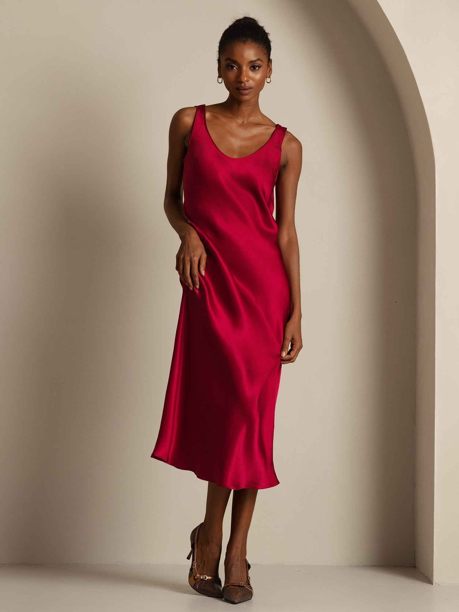 [Rouge Vineux] SilkSilky-FR Pure Soie Col Bateau Robes 001,