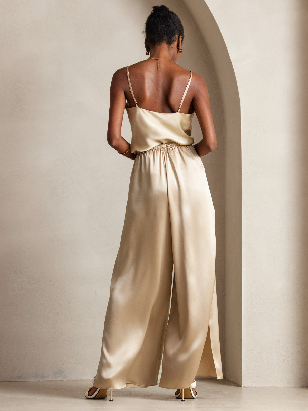[Champagne] SilkSilky-FR Pure Soie Col en V Top À Fines Brides 004