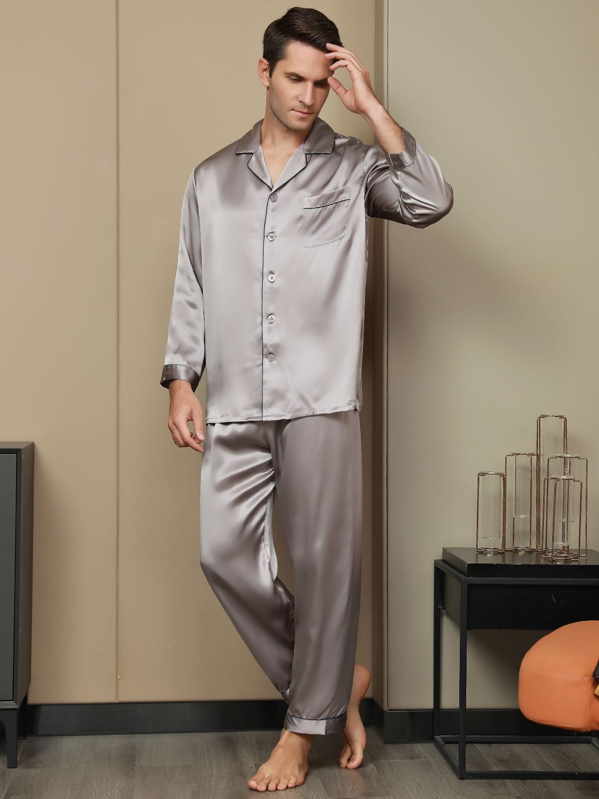 SilkSilky FR Pure Soie Manches longues Revers Homme Pyjamas Gris 002