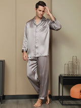 [Gris] SilkSilky-FR Pure Soie Manches longues Revers Homme Pyjamas 002
