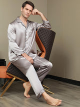 [Gris] SilkSilky-FR Pure Soie Manches longues Revers Homme Pyjamas 007