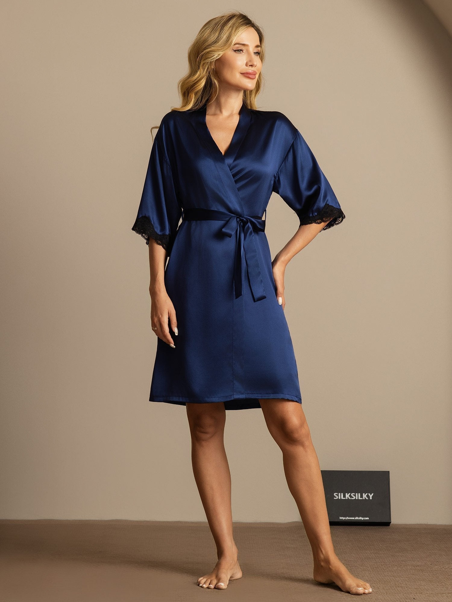 [Bleu Foncé] SilkSilky-FR Soie Womens Robe 003
