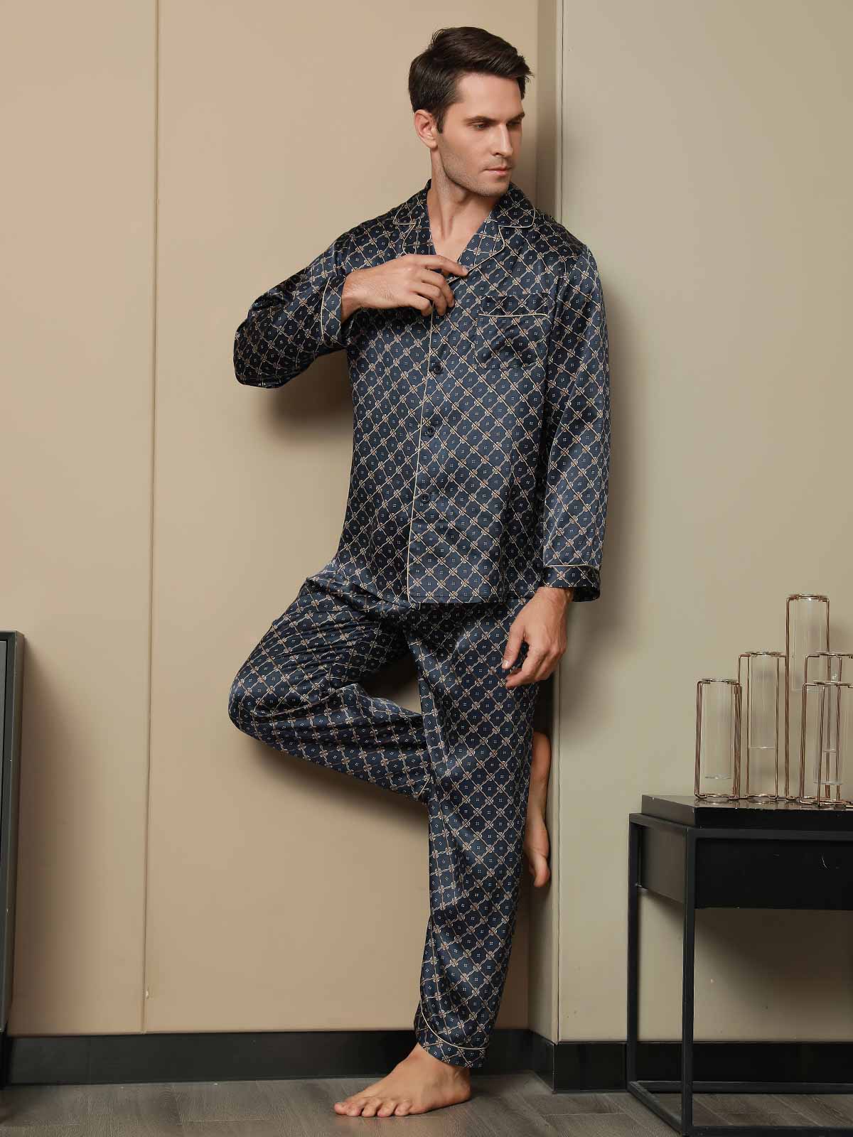 SilkSilky FR Pure Soie Manches longues Revers Homme Pyjamas BleuFoncé 005