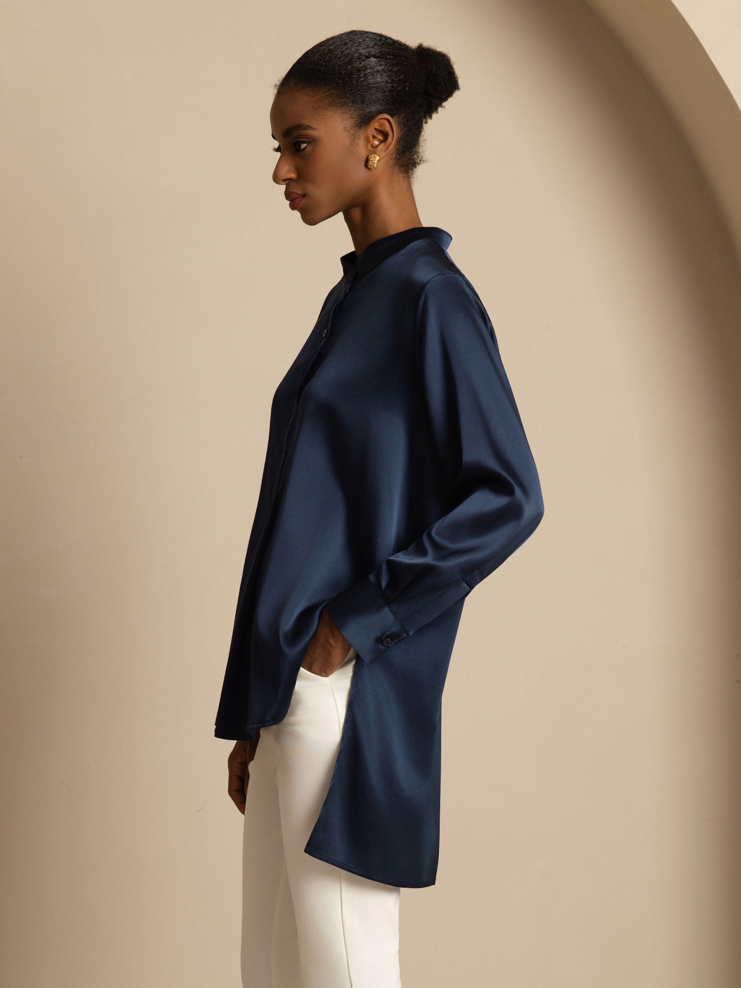 [Bleu Foncé] SilkSilky-FR 19Momme Soie Manches longues Col Montant Blouse 003