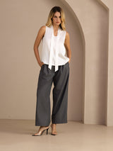 [Blanc] SilkSilky-FR Sleeveless Tie Neck Top À Fines Brides 007