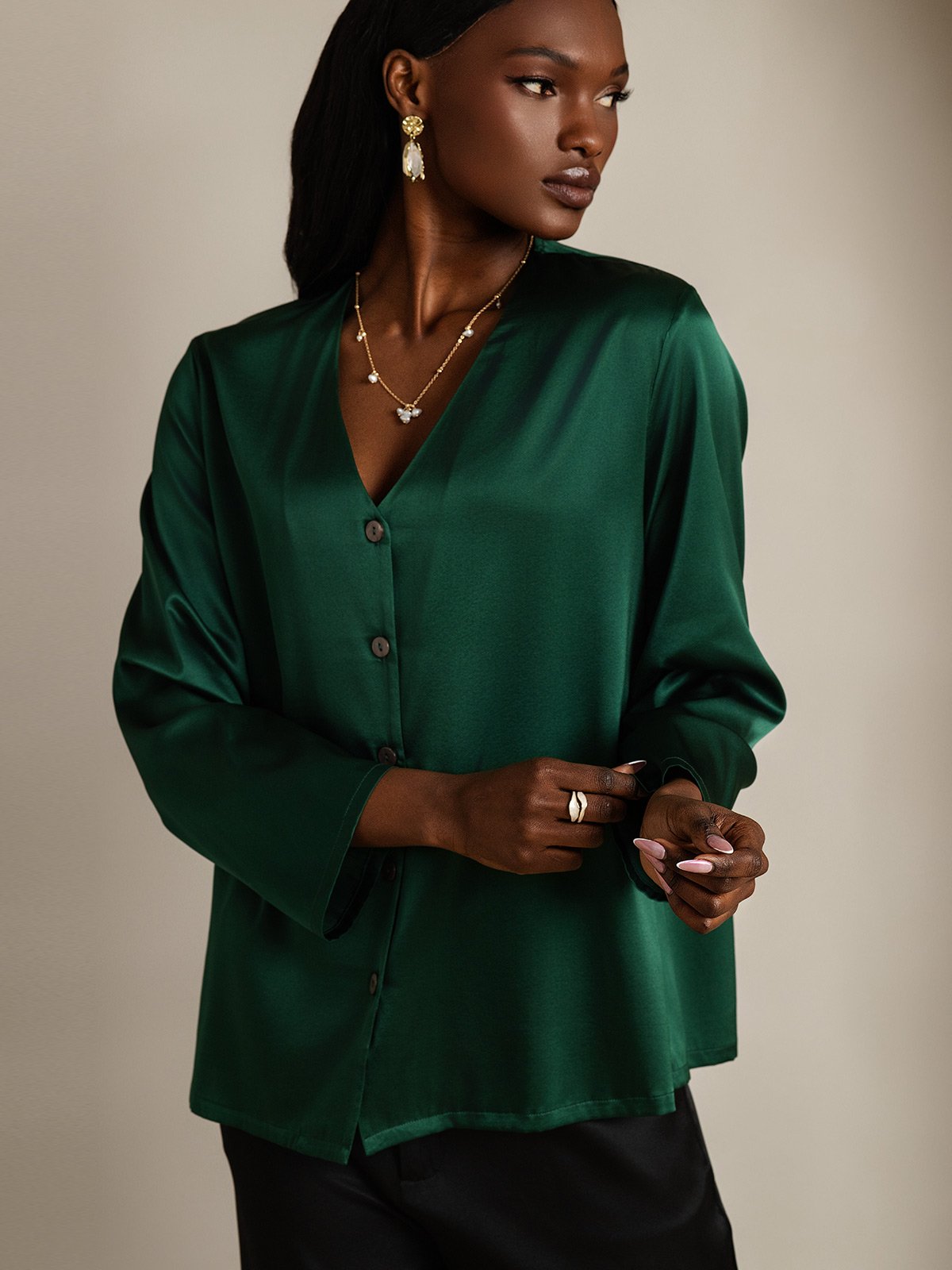 [Vert Foncé] SilkSilky-FR 19Momme Soie Col en V Femme Chemise 004