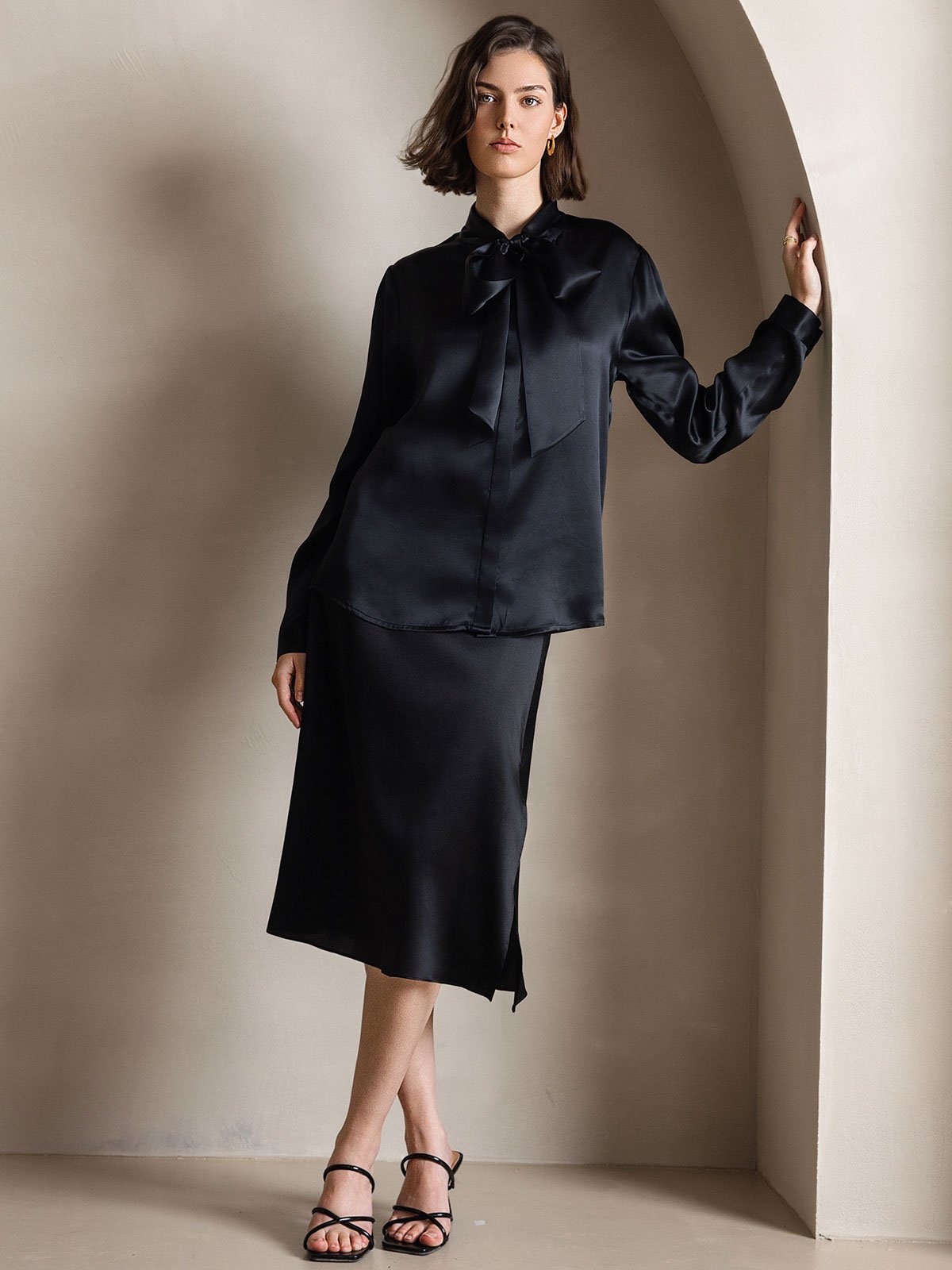 [Noir] SilkSilky-FR 19Momme Manches longues À Nouer Blouse 005