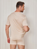 SilkSilky-FR Soie Tricotée Manches courtes Col Rond Homme T-Shirt Beige 002