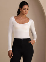 [Blanc] SilkSilky-FR Long Sleeve Col en U Femme T-Shirt 003