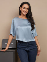 [Bleu Grisâtre] SilkSilky-FR Manches mi-longues Encolure Dégagée Femme T-Shirt 001