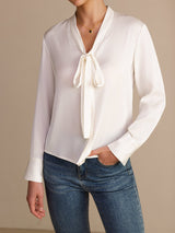 [Blanc] SilkSilky-FR Long Sleeve Tie Neck Blouse 006