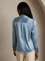 [Bleu Grisâtre] SilkSilky-FR Long Sleeve Tie Neck Blouse 002