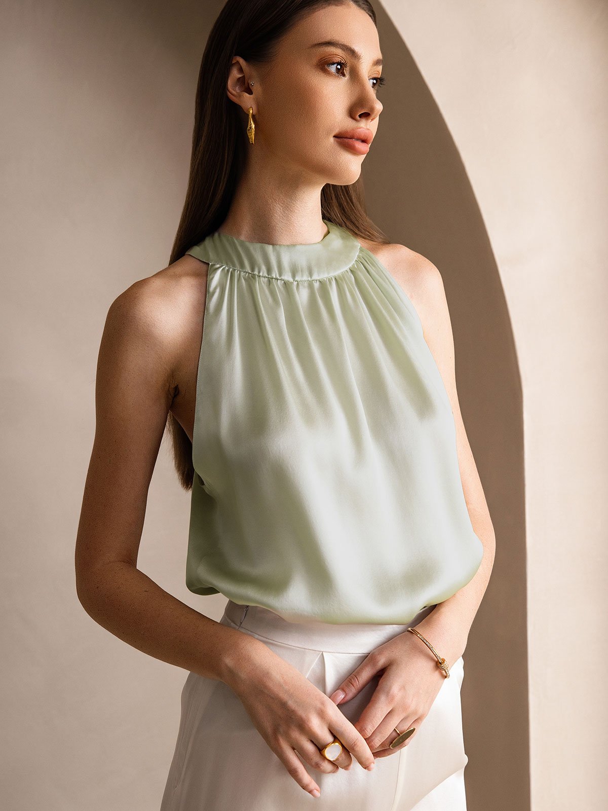 [Vert Clair] SilkSilky-FR 19Momme Soie Womens T-Shirt 003
