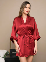 [Rouge Vineux] SilkSilky-FR 3/4 Sleeve Femme Peignoir 004