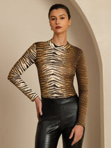 [Tigre] SilkSilky-FR Manches longues Col Mock Femme T-Shirt 005