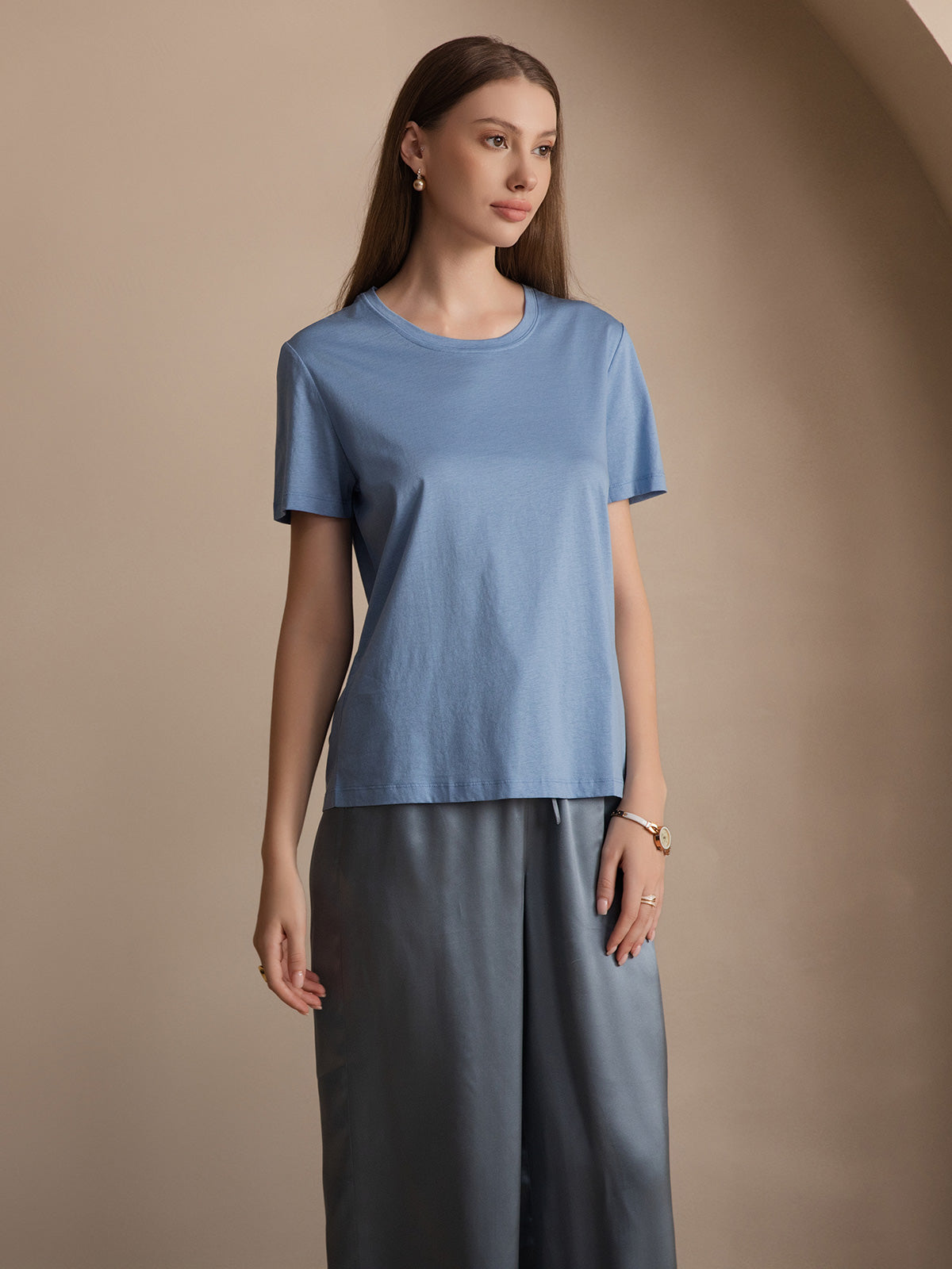 SilkSilky FR Soie Tricotée Manches courtes Col Rond Femme T Shirt Bleu 001