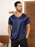 SilkSilky FR Pure Soie Manches courtes Col en V Homme T Shirt BleuFoncé 001